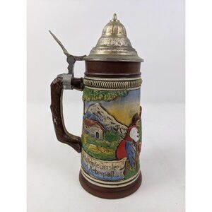 Vintage German Beer Stein Hand Painted 9" Pewter Lid Germany